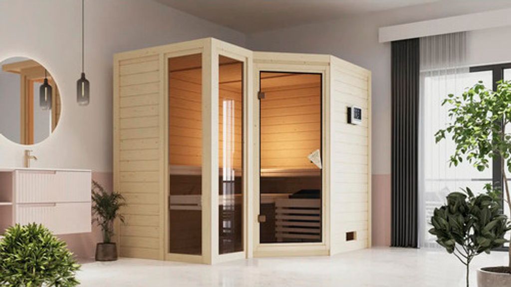 Elementsauna Karibu Tamara ohne Ofen mit Dachkranz und bronzierter Ganzglastüre