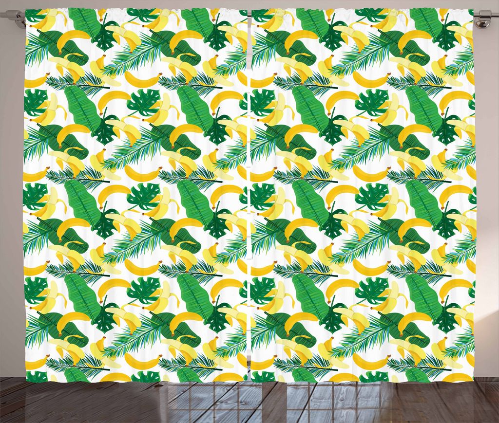 ABAKUHAUS Insel Rustikaler Vorhang, Cartoon Banana Leaves, Wohnzimmer Universalband Gardinen mit Schlaufen und Haken, 280 x 175 cm, Mehrfarbig