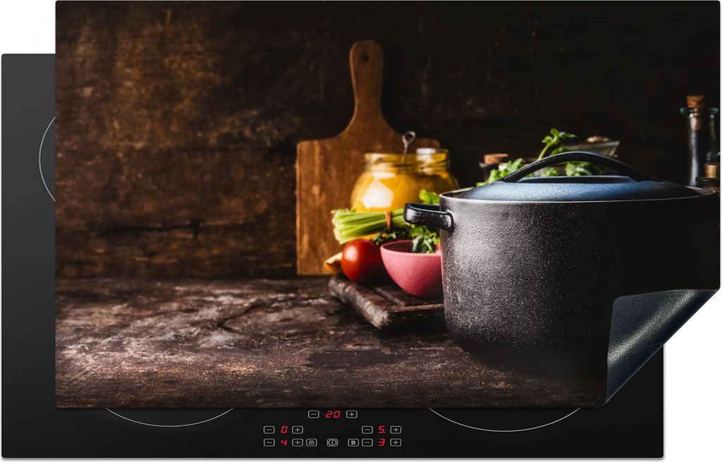 KitchenYeah Herdabdeckplatte Rustikal - Stilleben - Pfanne - Gemüse , 85x52cm, Küche Deko, Glaskeramikkochfeld Herdabdeckung, Abdeckplatte fùr...