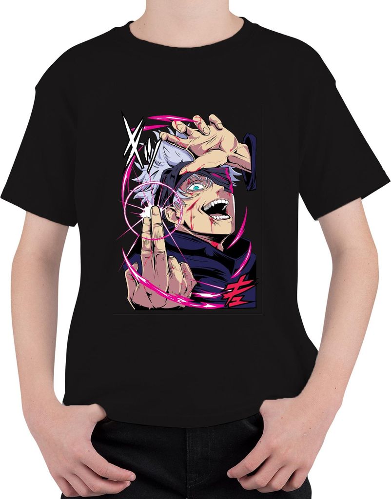Jujutsu Kaisen Gojo weißes Haar Augenbinde Energiekreis Anime Uni Kinder T-Shirt, Schwarz, 104