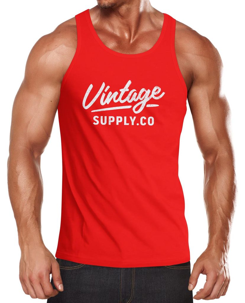 Herren Tank-Top Bedruckt Vintage Schriftzug Retro Design Aufdruck Print Muskelshirt Muscle Shirt Neverless rot-weiß M