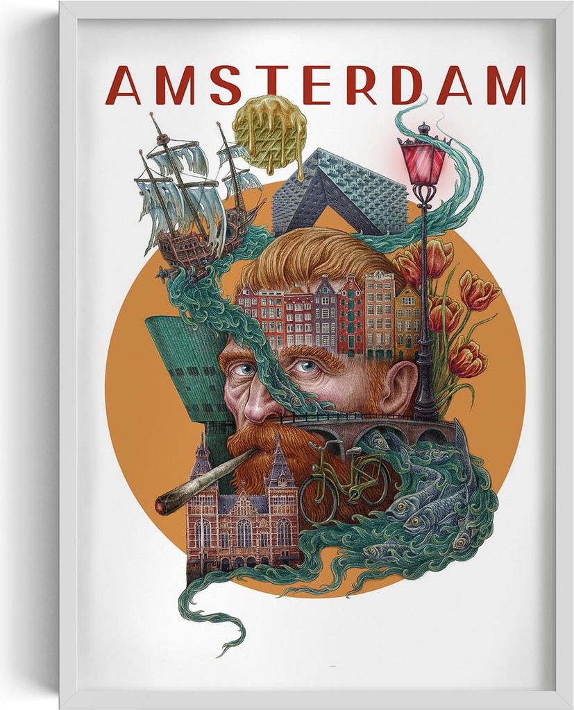 Bilderrahmen – Wandbild – Stadtbild – Amsterdam – 50x70 cm – Weißer Rahmen – Dekoration – Modern – Kunst – Wohnzimmer – Schlaf...