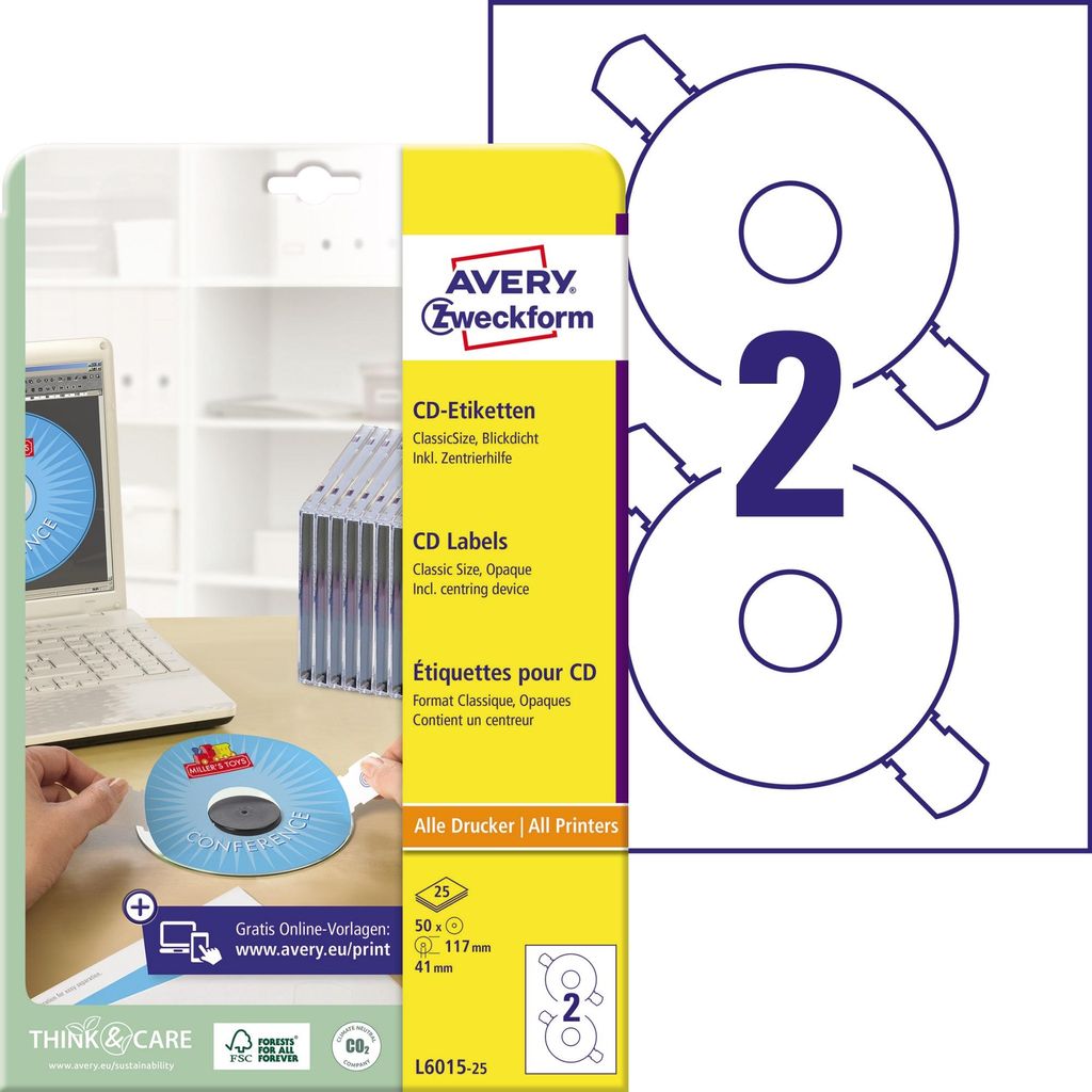 Avery Zweckform L6015-25 CD-Etiketten, Ø 117 mm, 25 Produktbild 