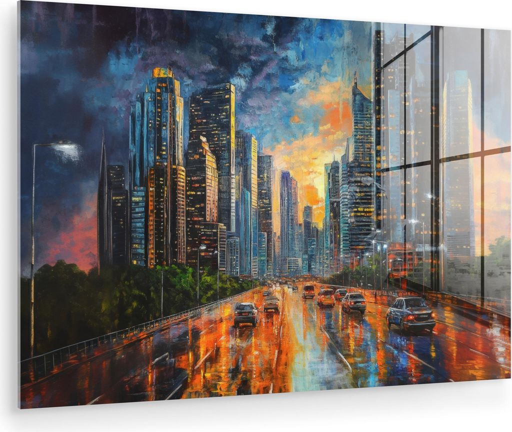 MuchoWow Glasbilder - Bilder auf Wandbild - Foto auf Glas Auto - Skyline - Sonne - Blau 60x40 cm Wanddekoration aus Glas - Acrylglasbild - Acrylbil...