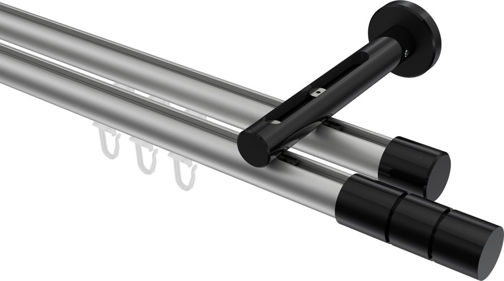Interdeco Innenlaufstange / Gardinenstange mit Innenlauf Silbergrau / Schwarz, Typ Siteno Elanto (Rillenzylinder), 20 mm Ø 2-läufig, 240 cm