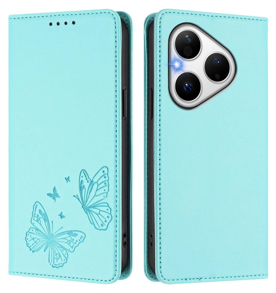 Lederhülle für Huawei Pura 80, Schmetterling Prägung Leder Brieftasche Schutzhülle mit Ständer Türkis