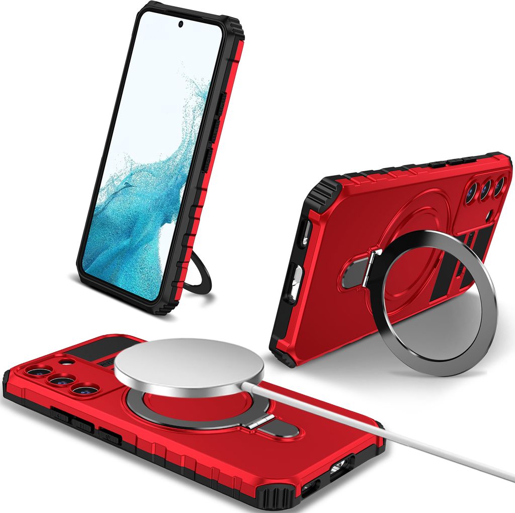 Für Samsung Galaxy S22 Hülle Magsafe Magnetisch Ring Ständer Schutzhülle, Dual Layer Handyhülle Rot