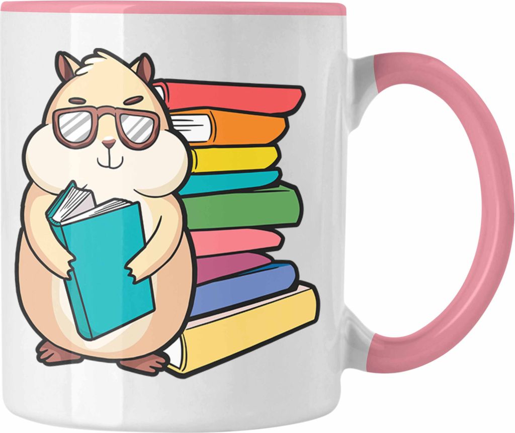 Trendation - Hamster Lesen Tasse Geschenk Leseratte Grafik Geschenkidee Bücher Lesen (Rosa)