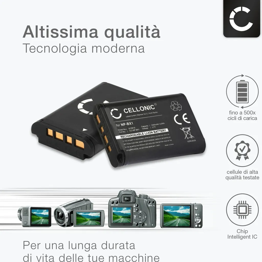 CELLONIC, Batteria per Fotocamera, compatibile con Sony NP-BX1, ZV-1, HDR-CX405 (3.7V, 1090mAh) 2 Pezzi + Caricabatterie - 5