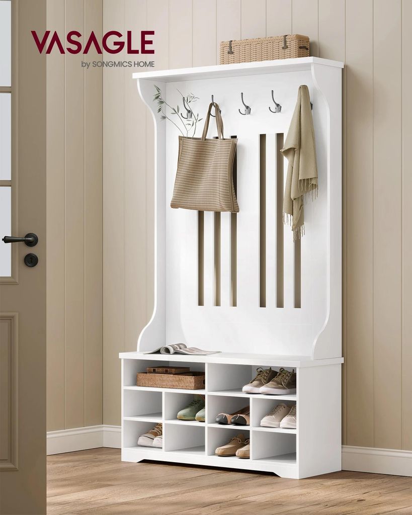 Garderobenständer mit Schuhbank - Flurgarderobe - 5 Dreifachhaken - Schuhaufbewahrung - Freistehend - Montage erforderlich - 53 x 90 cm - Weiß