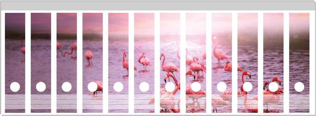 Wallario Ordnerrücken Sticker, selbstklebend für breite Ordner, 12 Stück, Motiv Rosa Flamingos bei Sonnenuntergang