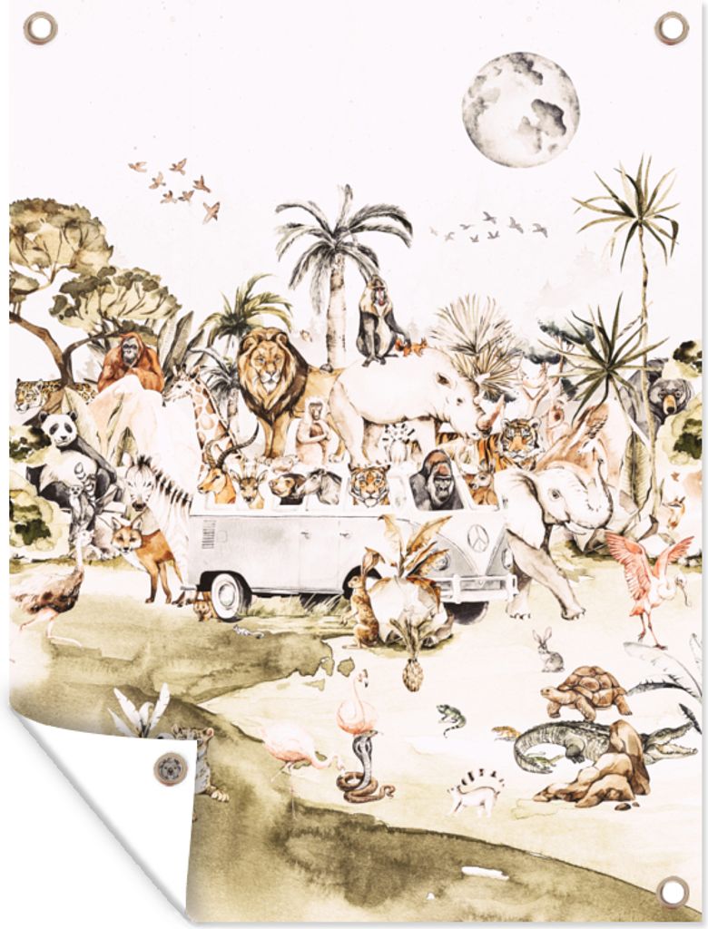 MuchoWow 90x120 cm Outdoor-Poster Gartendeko Sichtschutz Garten Poster für den Garten Bus - Tiere - Kinder - Jungen - Mädchen - Palme