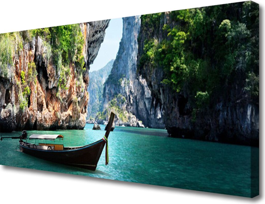 Tulup Leinwand-Bilder 100x50 Wandbild Canvas Kunstdruck Boot See Felsen Landschaft