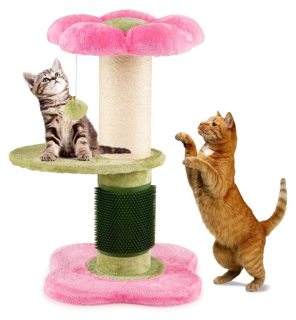 Katzenbaum Kratzsäule Klein, 69 cm, Robuster Stamm, Katzenmöbel mit Plüschsitz, Sisal-Kratzpfosten, Selbstpflegebürste & Ball, Kletterbaum für...