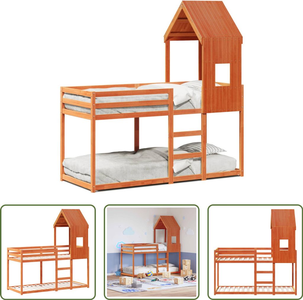 The Living Store Etagenbett mit Dach Wachsbraun 90x200 cm Massivholz Kiefer