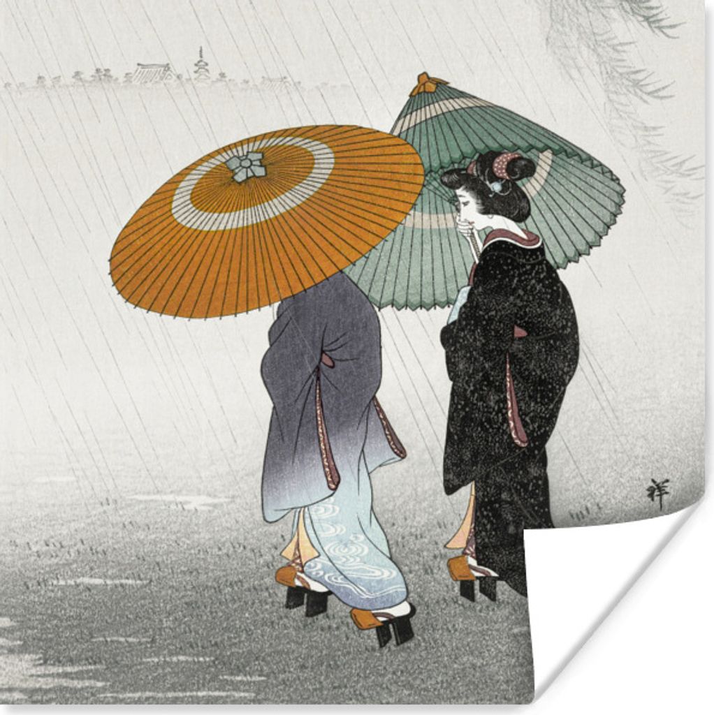 MuchoWow Poster Frauen - Sonnenschirm - Kimono - Japandi - Vintage 100x100 cm - Babyzimmer