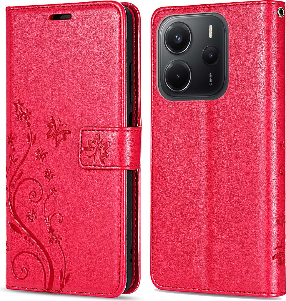 A red flip case for a Xiaomi Redmi Note 14 5G phone, shown open and closed.