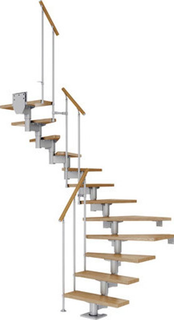Pertura Mittelholmtreppe Chiron Eiche Leimholz Perlgrau 1/2-gewendelt 75 cm 13 Stufen / 14 Steigungen Stabgeländer Grau