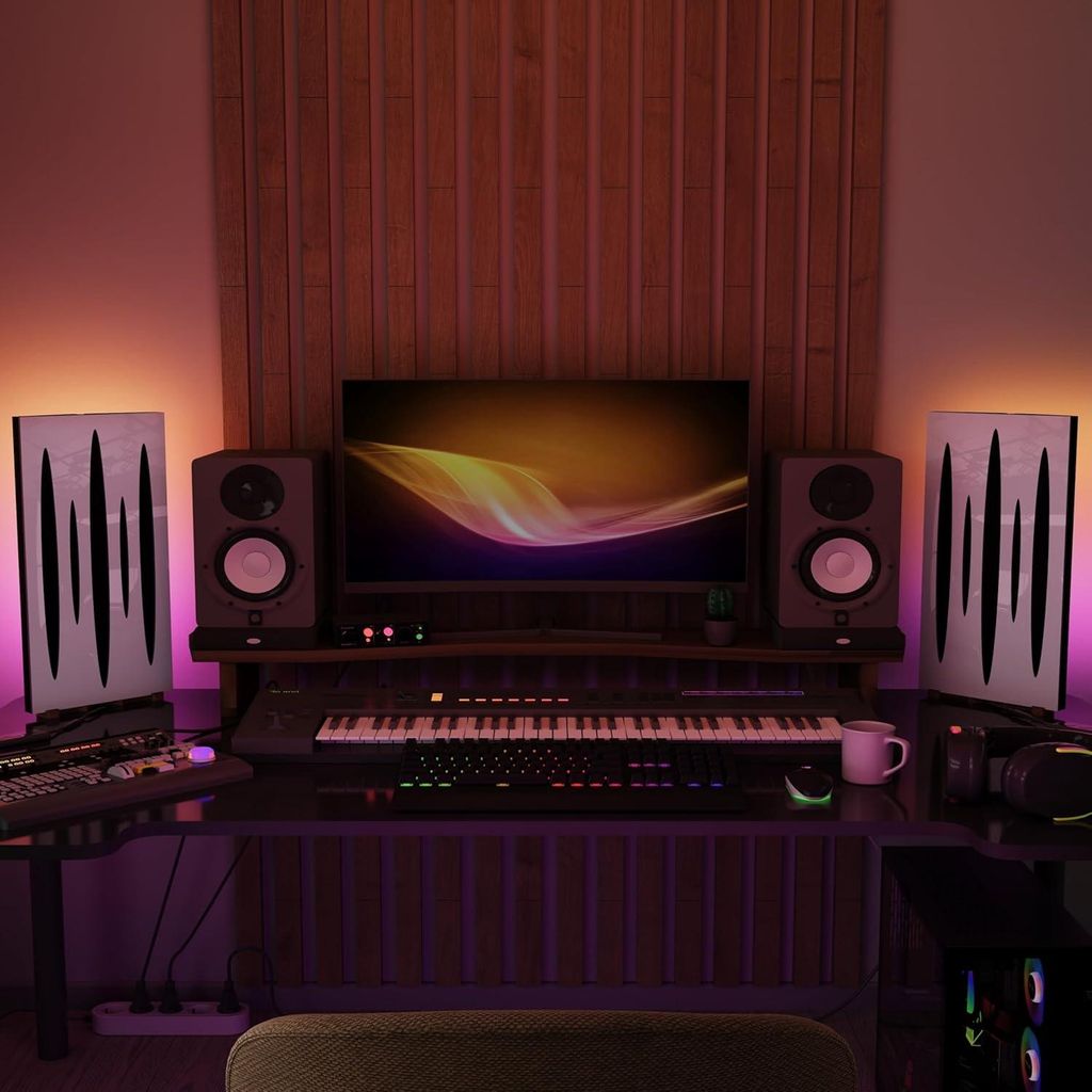 2er-Pack schmale Akustikplatten "PULSAR-mini" mit RGB-Schreibtischlampe | Mobiler Ständer mit LED-Tischfuß | 25 x 50 cm |Weiß glänzender Kunsts...