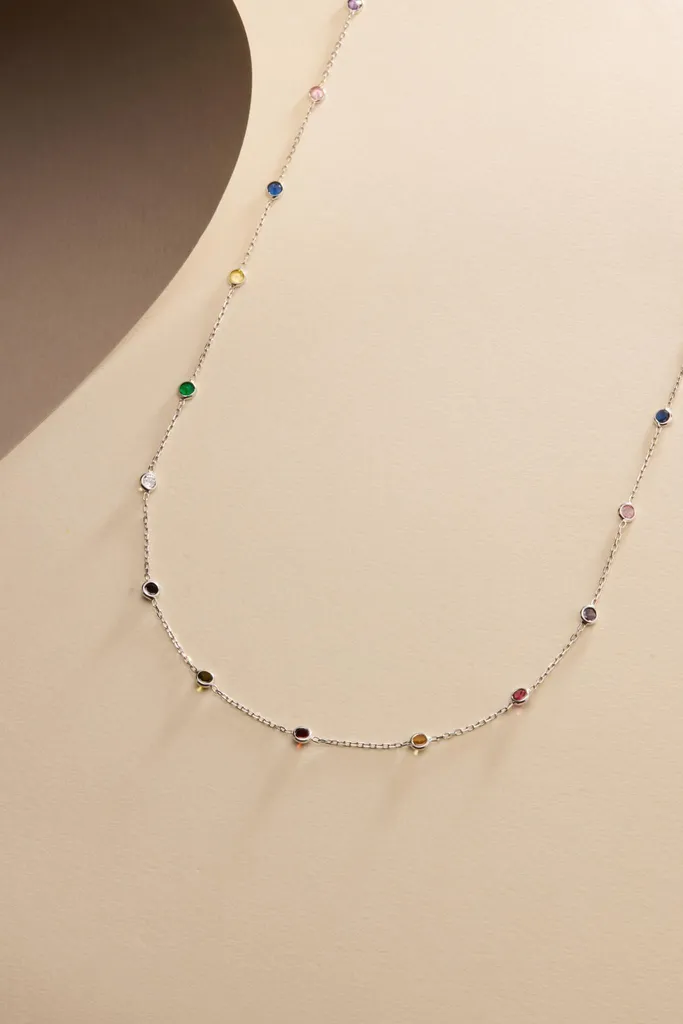 Collier en argent 925 rhodié avec zircons colorés - Sautoir long 85 cm