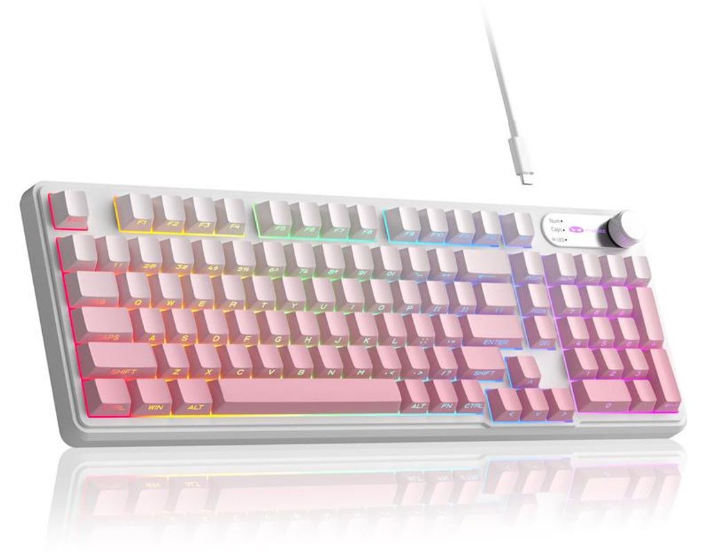 95% Gaming Tastatur RGB kabelgebunden, 98 Tasten Membran Keyboard mit Lautstärke-Regler, Side Printed Keycaps weiß-pink