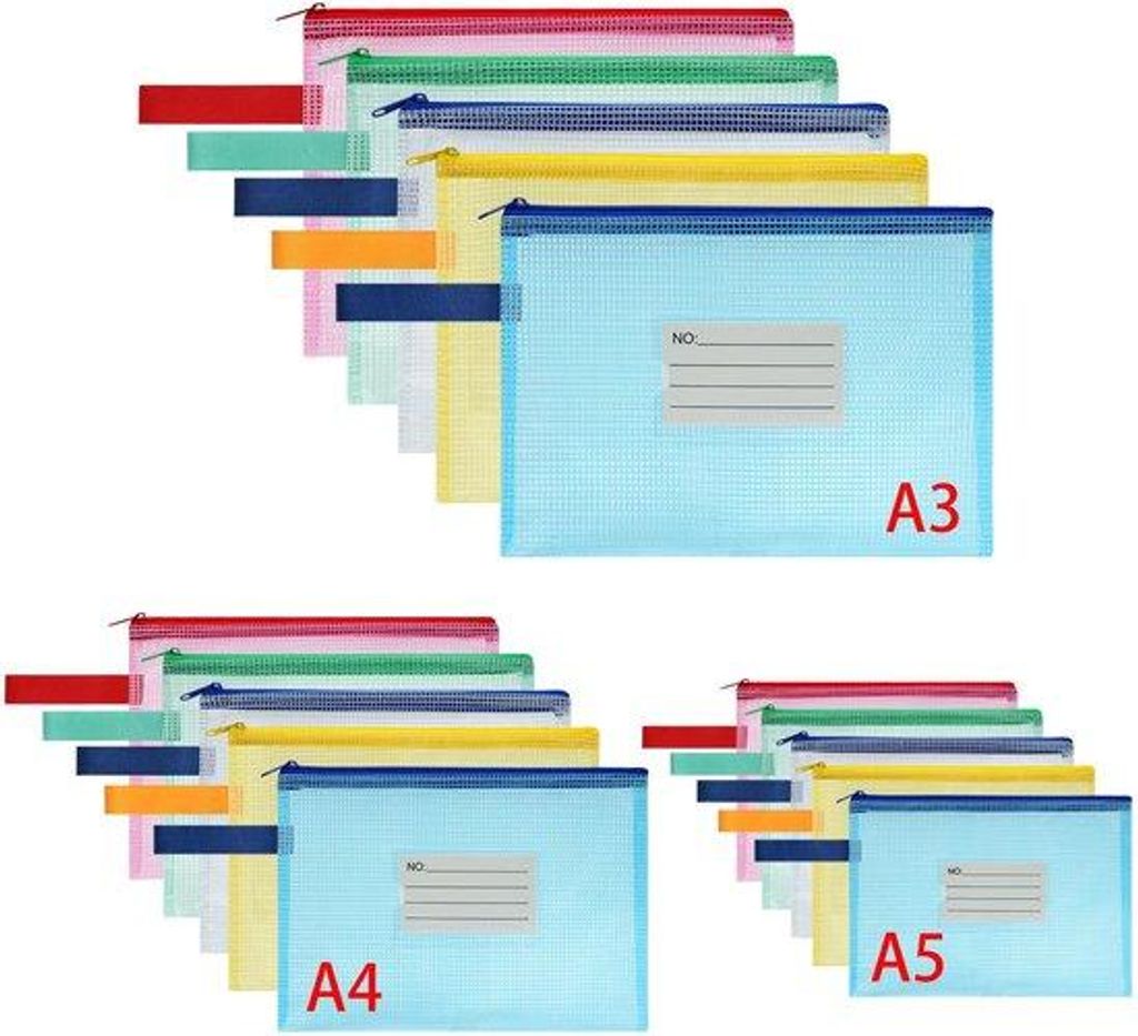 Documentenmap mit Reißverschluss A3/A4/A5, 10 Stück Reißzwecken mit Etikett, wasserdichte Dokumententaschen mit Reißverschluss, Plastik-Dokumen...