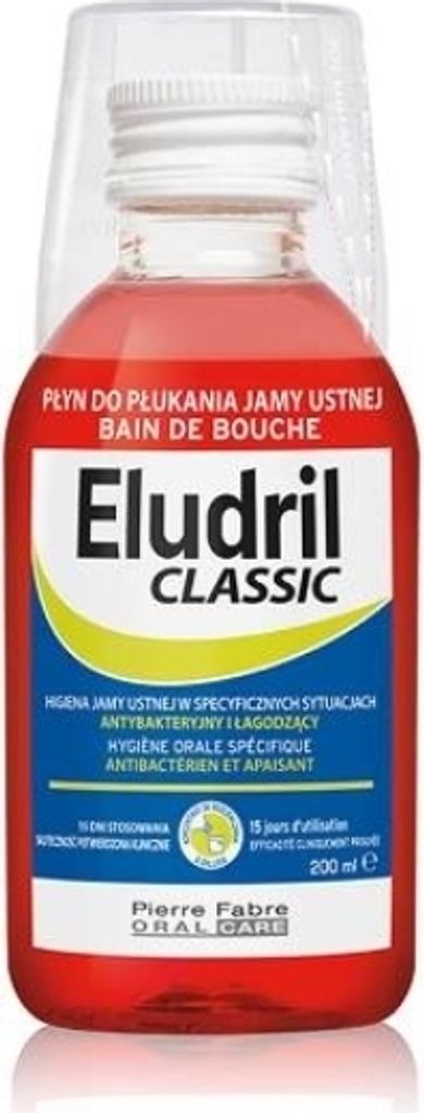 A bottle of Eludril Classic mouthwash.