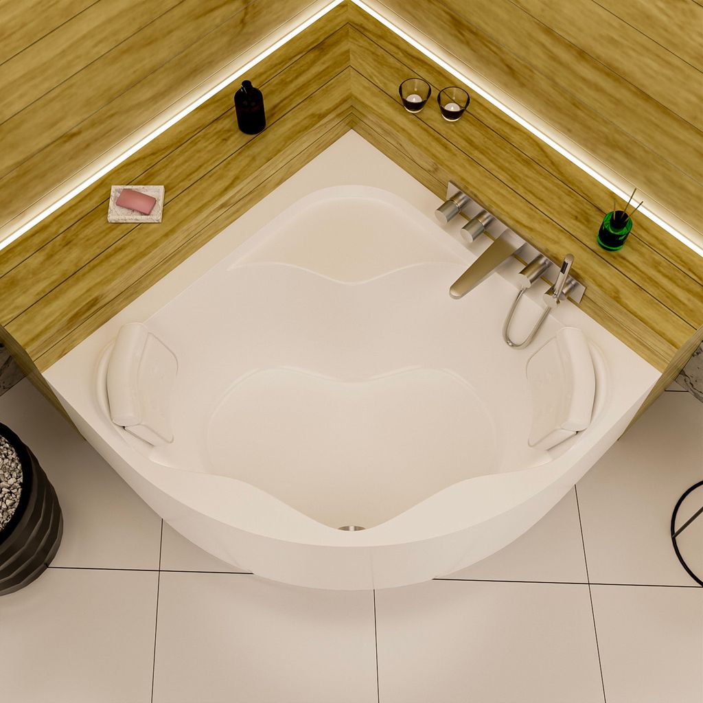 ECOLAM Badewanne Eckbadewanne Acrylwanne SELMA 140 x 140 cm Acrylschürze + 2 Kopfkissen Sole Eckwanne symmetrisch Acryl weiß Ablaufgarnitur Viega...