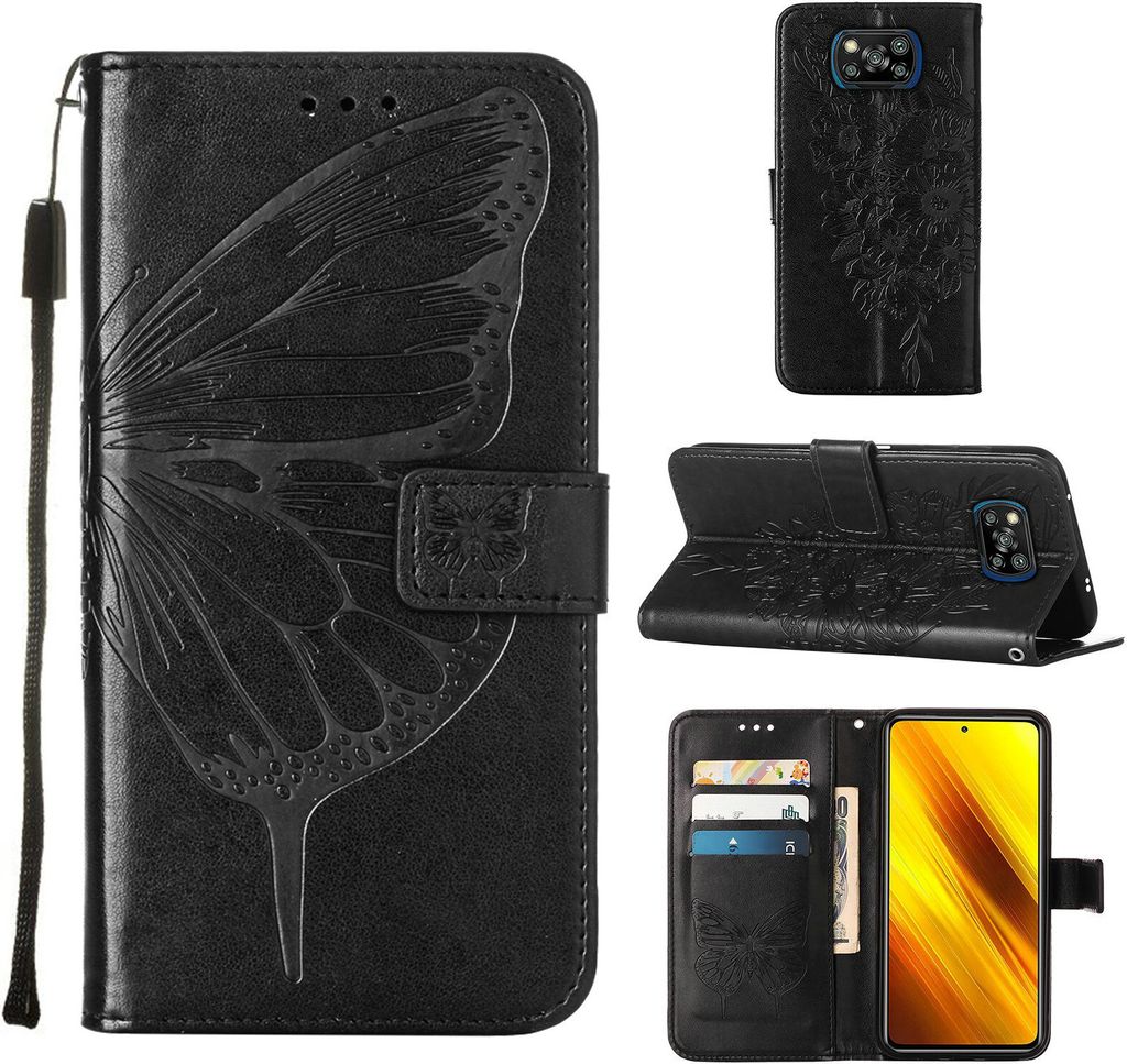 Xiaomi Poco X3 NFC Hülle, Schmetterling Prägung Flip Leder Kartenfächer Schutzhülle Ledertasche mit Ständer für Xiaomi Poco X3 NFC / X3 / X3 ...