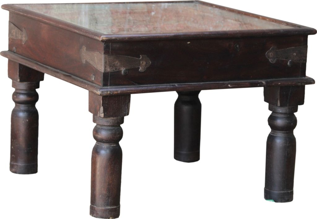 Kolonnialstil Kaffeetisch, Couchtisch mit Glasplatte - Modell 87, Braun, Holz,Messing,Glas, 46*60*60 cm, Kaffeetische & Bodentische