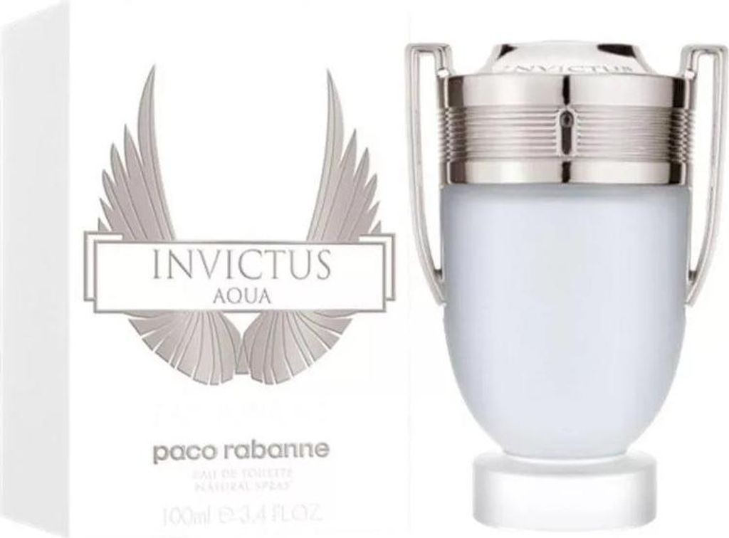 A product shot of Paco Rabanne Invictus Aqua Eau de Toilette for men, shown with its packaging.