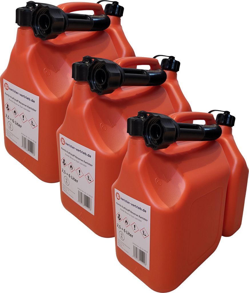 3er Set: 2,5 + 6,0 L Kombi Kanister Benzin Öl, Kraftstoffkanister, Benzinkanister Motoröl UN-Zulassung