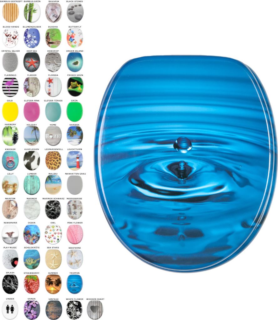 A collage of various toilet seat designs next to a single toilet seat with a water droplet design.
