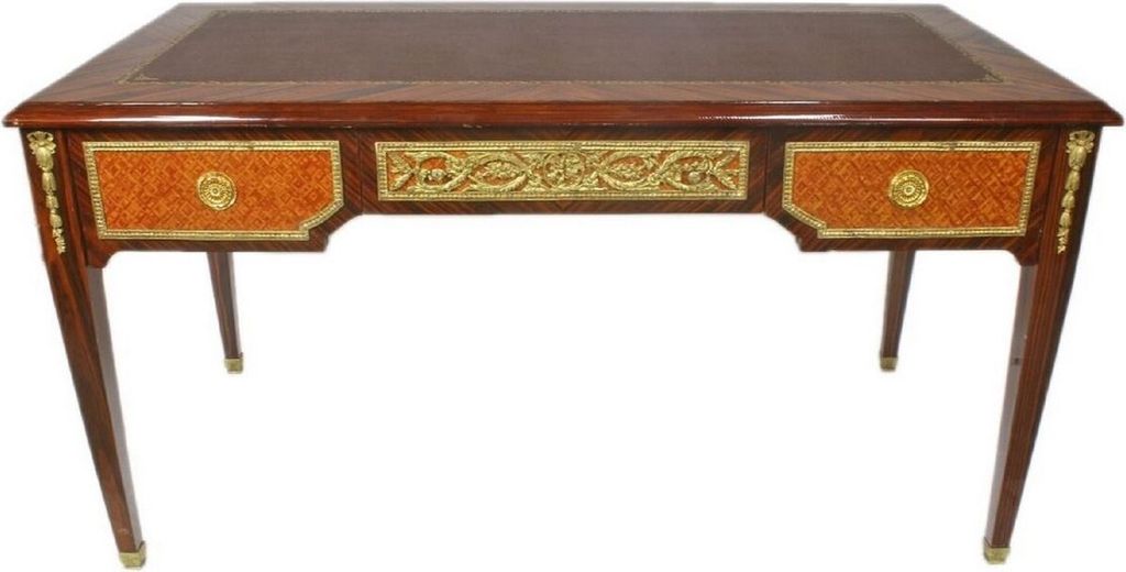 Casa Padrino Barock Schreibtisch Braun / Gold 180 x 70 x H. 80 cm - Handgefertigter Massivholz Bürotisch mit 3 Schubladen - Büro Möbel im Barock...