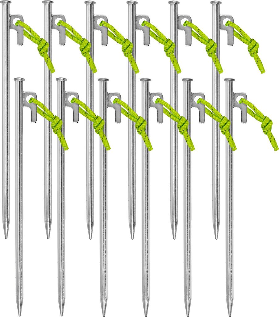 Zelthering 12 Stk. 30 cm mit P-Haken und einem Stück fluoreszierender Leine - stabiler Hering aus verzinktem Stahl, 9 mm Ø, für harten Boden, Ca...