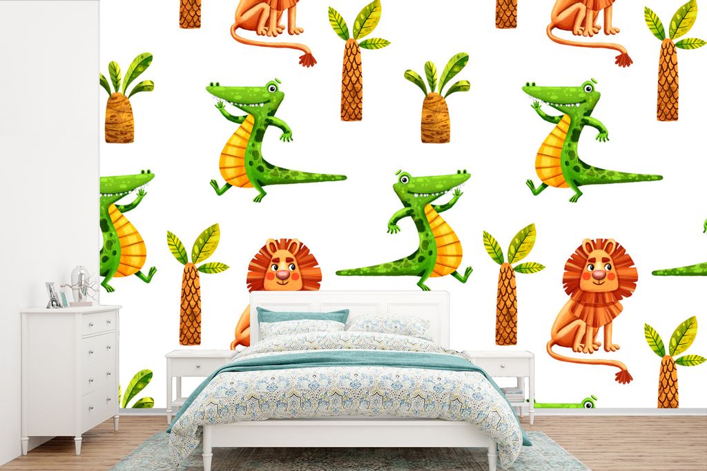 MuchoWow Fototapete für Wohnzimmer oder Schlafzimmer Wandtapete Vinyl Motivtapete Dschungel - Löwe - Krokodil - 390x260 cm - Papiertapete