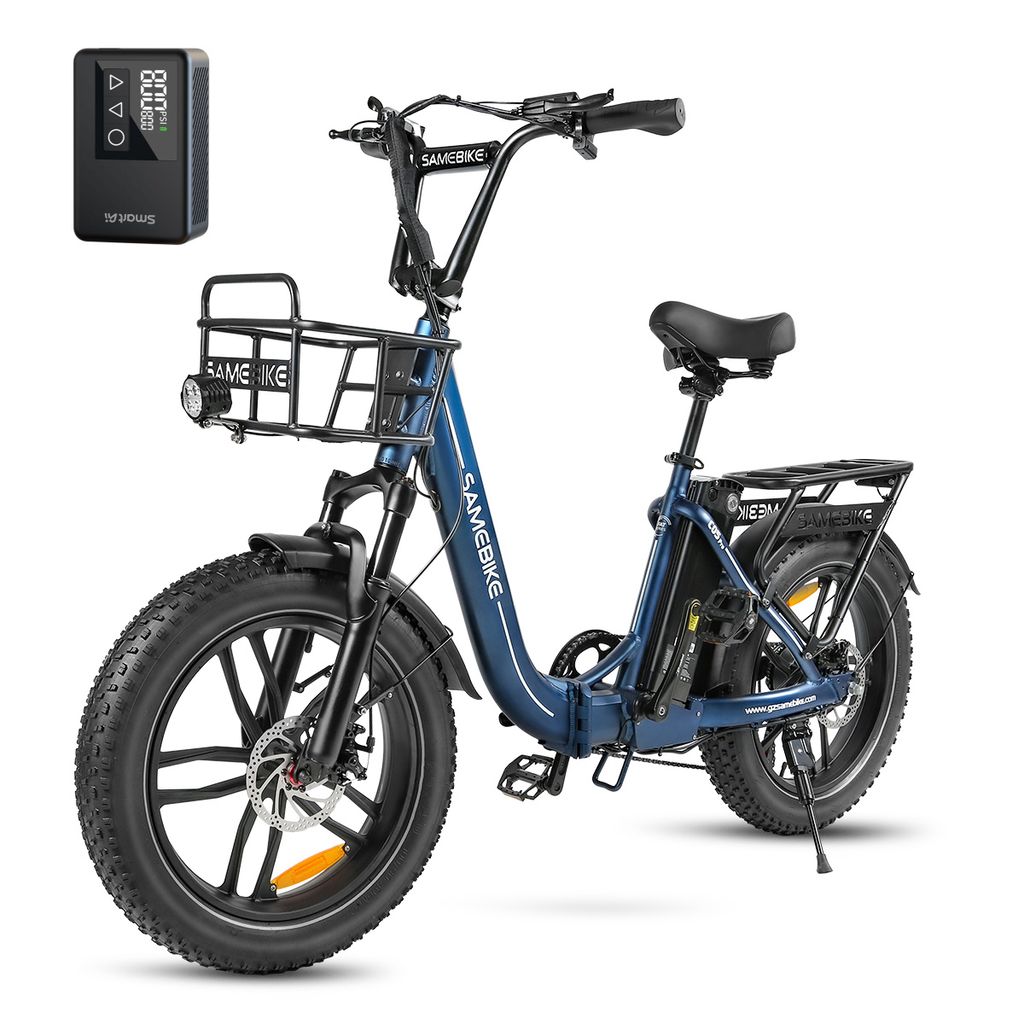 20*4.0Zoll LCD Fat Faltbar E- Bike mit MINI Elektrische Luftpumpe E-Mountainbike Elektrofahrrad 25km/h E Klapprad mit Korb, für Herren Damen Blau