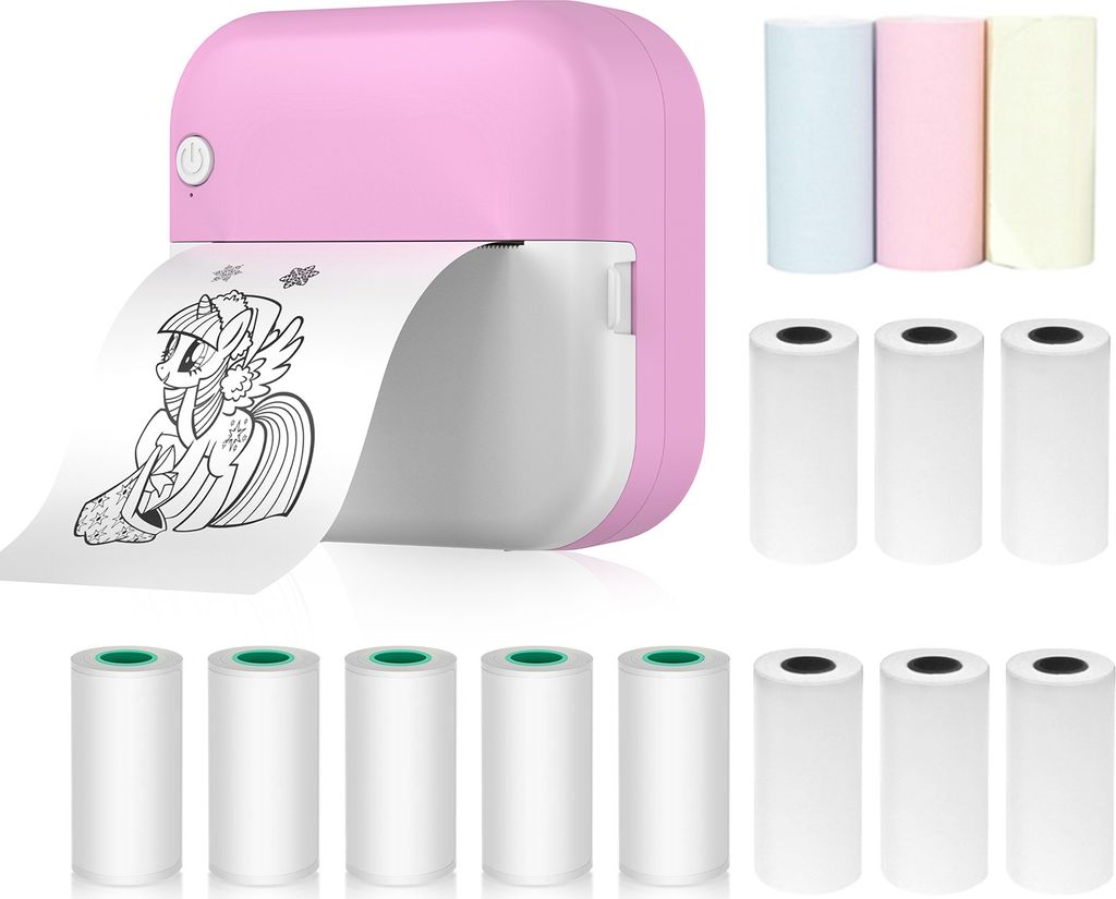Mini-Drucker, Thermodrucker, Falscher Drucker Bluetooth Fotodrucker fuer Smartphone mit 9 Papierrollen 57 mm + 5 selbstklebende Papierrollen, kompa...