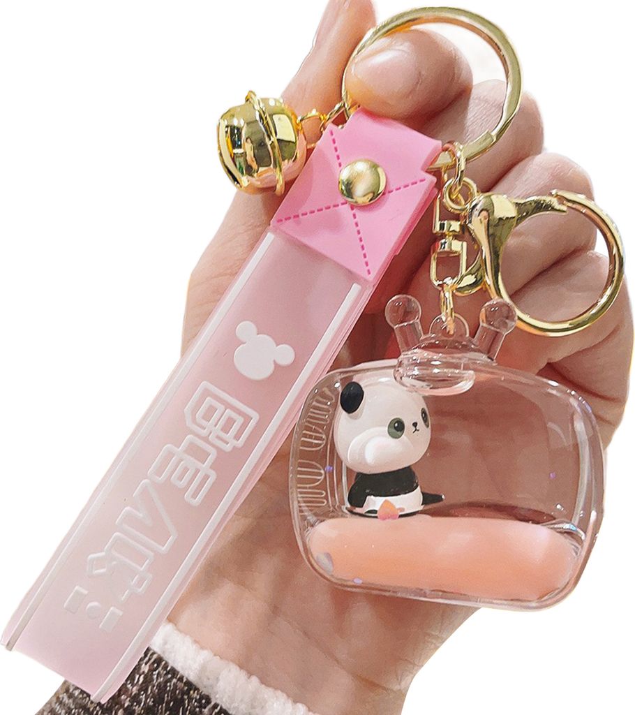 Klarer Acryl-Treibsand-Panda-Schlüsselanhänger, Glocken-Dekor, Hausschlüssel, Schlüsselring mit Umhängeband, Puppen-Handtaschen-Dekoration