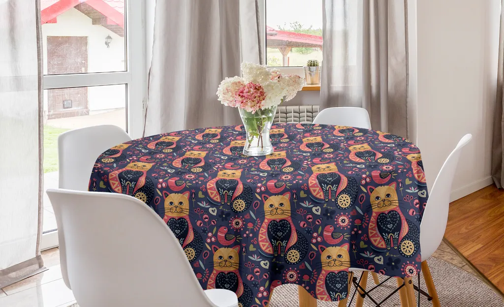 ABAKUHAUS Tovaglia Rotonda 150cm Doodle Cat Funky Boho - Blu Indaco