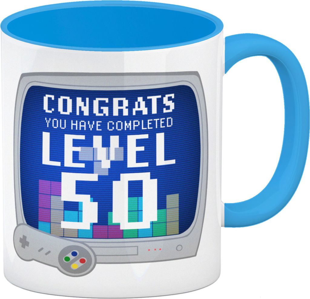 Witziger Kaffeebecher Hellblau für den 50. Geburtstag mit Motiv: Gamer