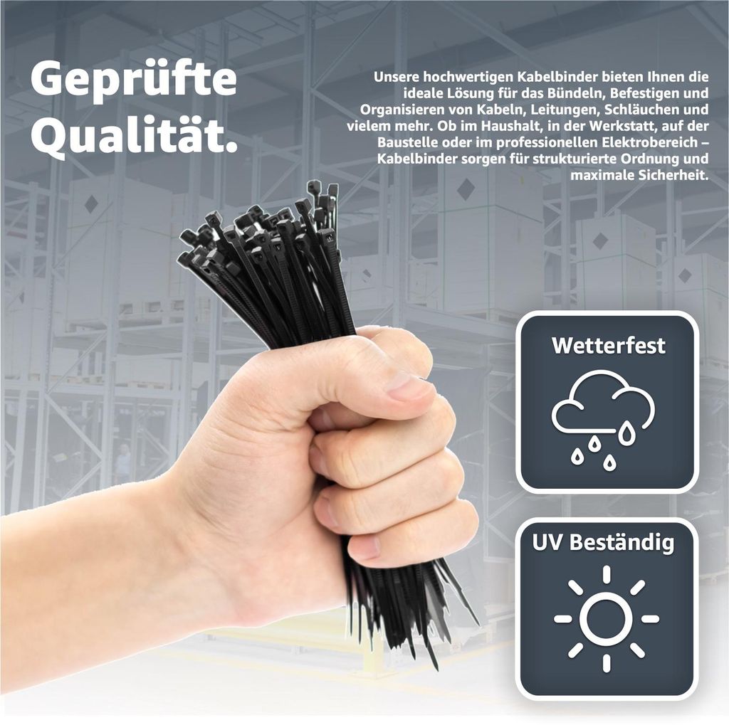 500 Stück UV-stabile Kabelbinder Schwarz, 300 Mm Lang, 3,6 Mm Breit – Tragkraft 18,2 Kg, Nicht Lösbar – Für Elektroarbeiten & Befestigungen