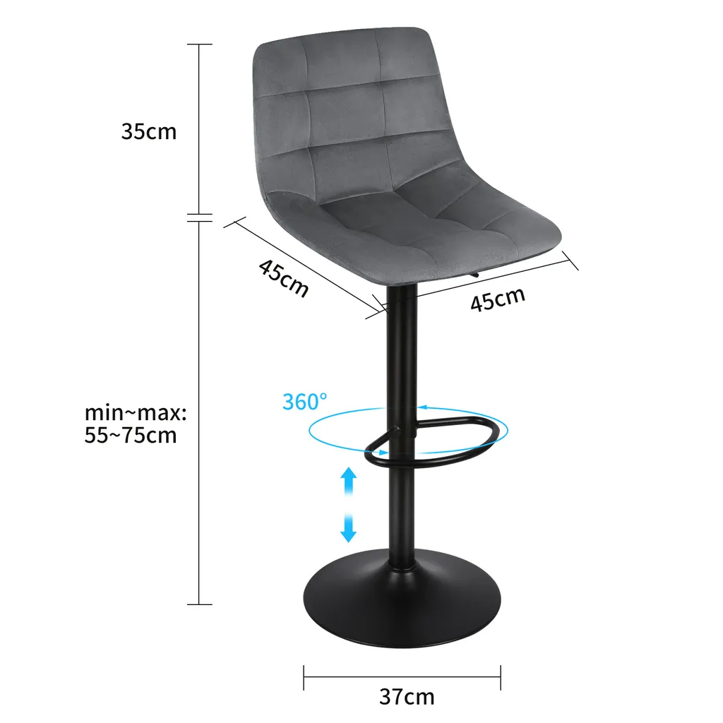 Tabourets de bar pivotants lot de 2 chaises hautes velours et métal gris - 3
