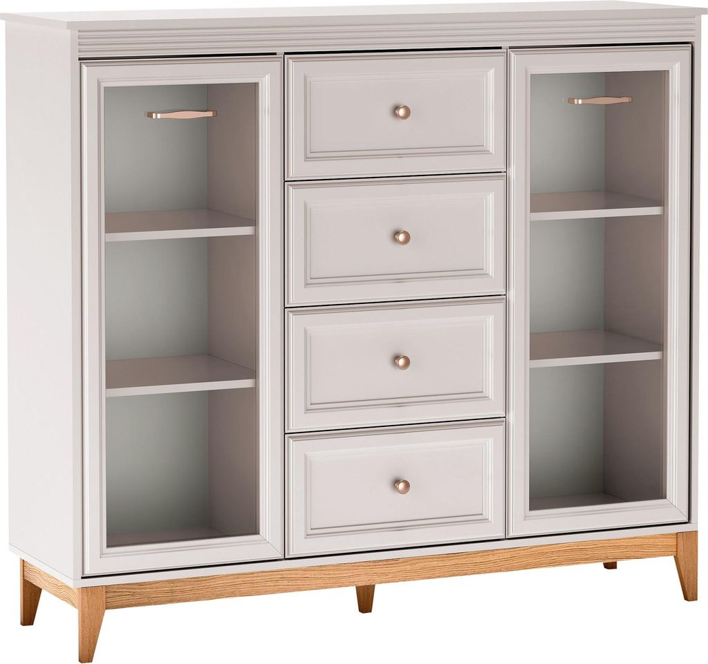 MIRJAN24 Vitrine Windsor W-7, Stilvoll Wohnzimmer, Vitrine mit zwei Drehtüren und vier Schubladen (Farbe: Cashmere, Ohne Belechtung)