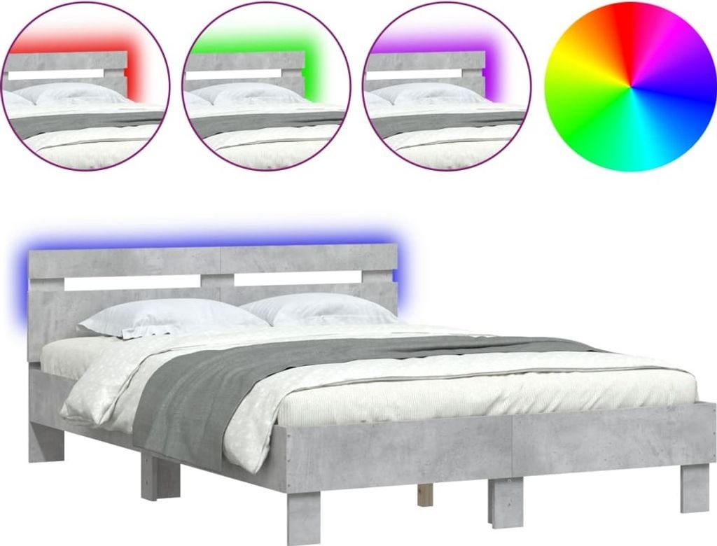 vidaXL Bettgestell mit Kopfteil LED-Beleuchtung Betongrau 135x190 cm