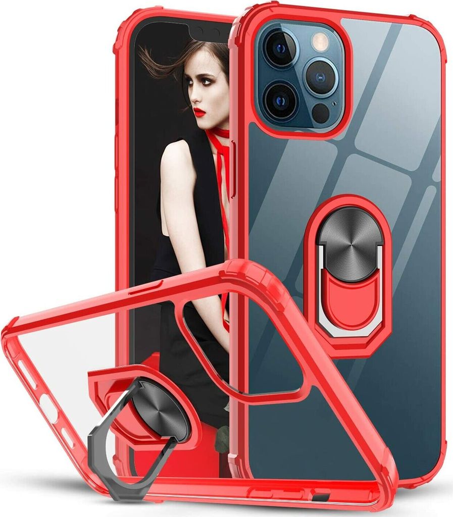 360 Grad Ringhalter Handytasche Abdeckung magnetische Stoßstange Schutzhülle kompatibel mit iPhone 14 Plus Rot