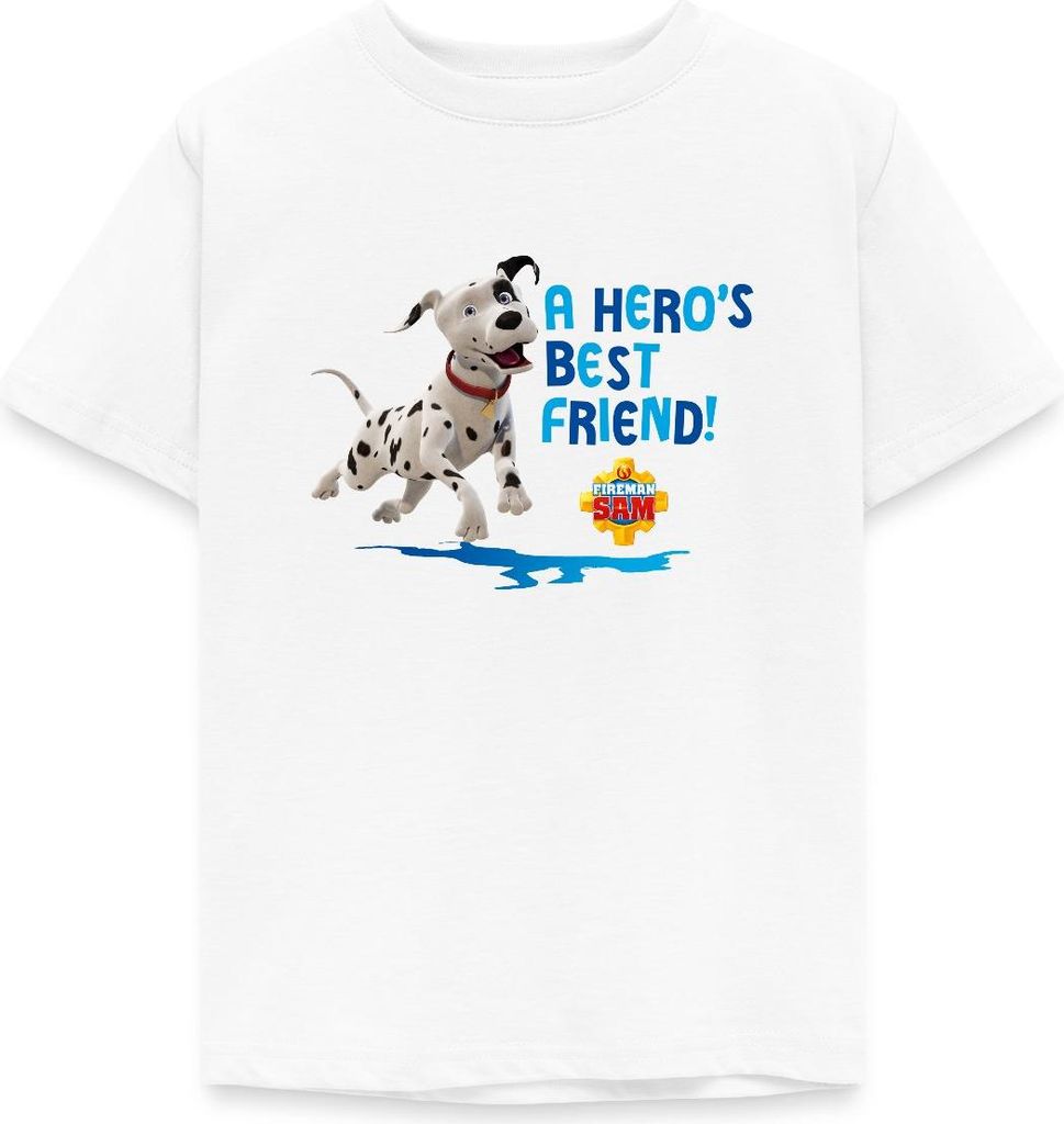 Spreadshirt Feuerwehrmann Sam Dalmatiner Schnuffi Süß Kinder T-Shirt, 98/104 (3-4 Jahre), Weiß