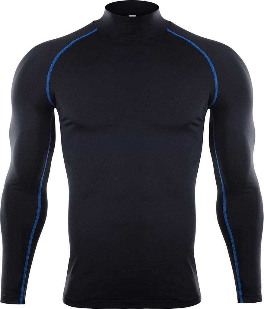 Hochelastisches Kompressionsshirt für Herren, langärmelig, Sport-Top für sportliches Training, schwarze und blaue Linien, L