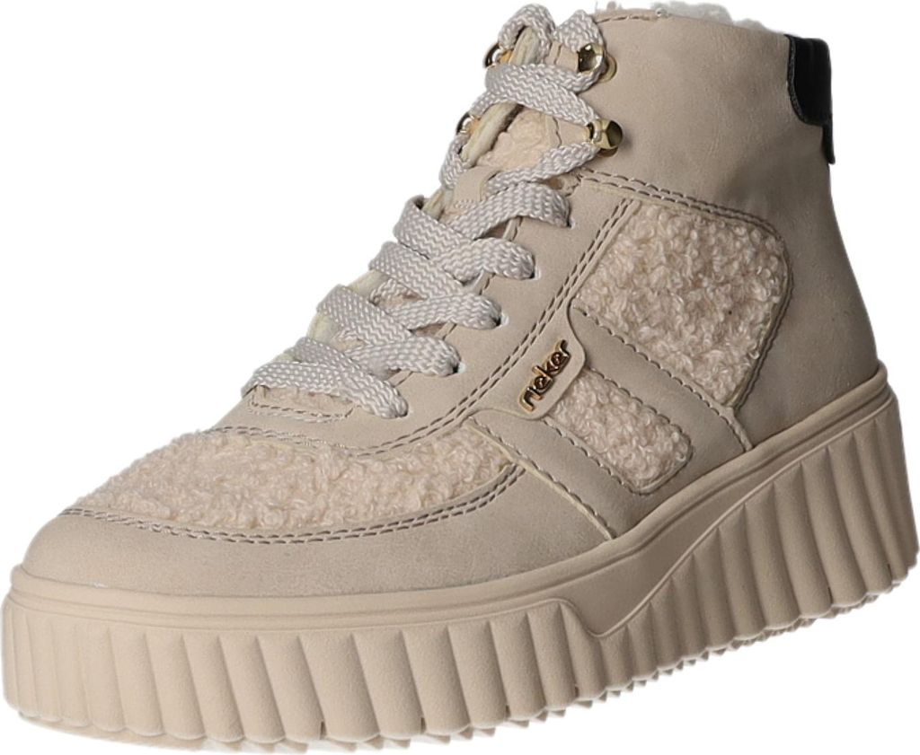 A single beige Rieker high-top sneaker with fluffy accents and a thick sole is shown against a white background.
