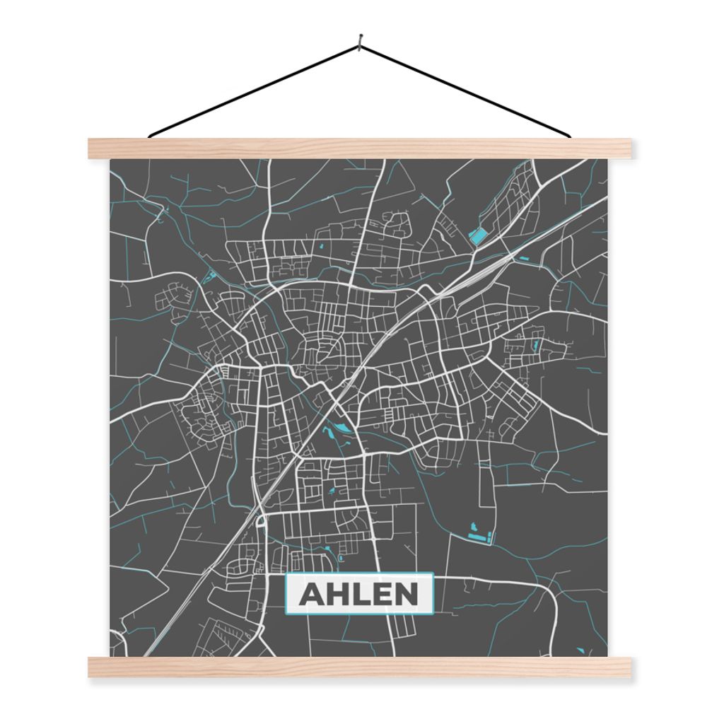 MuchoWow Textilposter Stadtplan - Karte - Ahlen - Blau - Deutschland - Karte 40x40 cm mit holzfarbenen Rahmen - Posterleiste